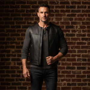 Erkek Siyah Deri Motorcu Yeleği | Ayarlanabilir Tokalı ve Cepli