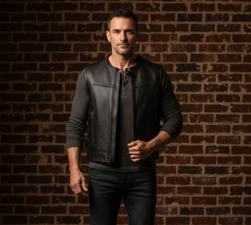 Erkek Siyah Deri Motorcu Yeleği | Ayarlanabilir Tokalı ve Cepli