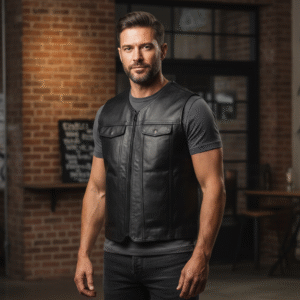 Erkek Siyah Deri Motorcu Yeleği | Fermuarlı ve Cepli