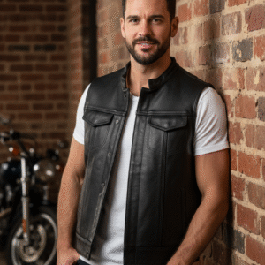 Erkek Siyah Deri Motorcu Yeleği | Fermuarlı ve Cepli