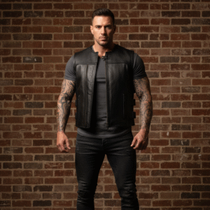 Erkek Siyah Deri Motorcu Yeleği | Fermuarlı ve Ayarlanabilir Tokalı