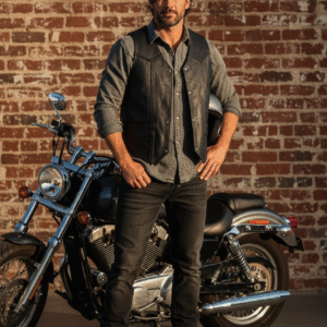 Erkek Siyah Deri Motorcu Yeleği | Çıtçıtlı ve Cepli