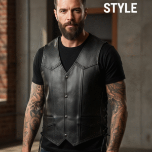 Erkek Siyah Deri Motorcu Yeleği | Çıtçıtlı