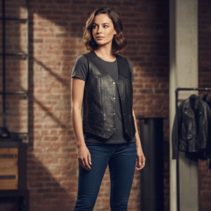 Kadın Siyah Deri Motorcu Yeleği | Çıtçıtlı ve Cepli